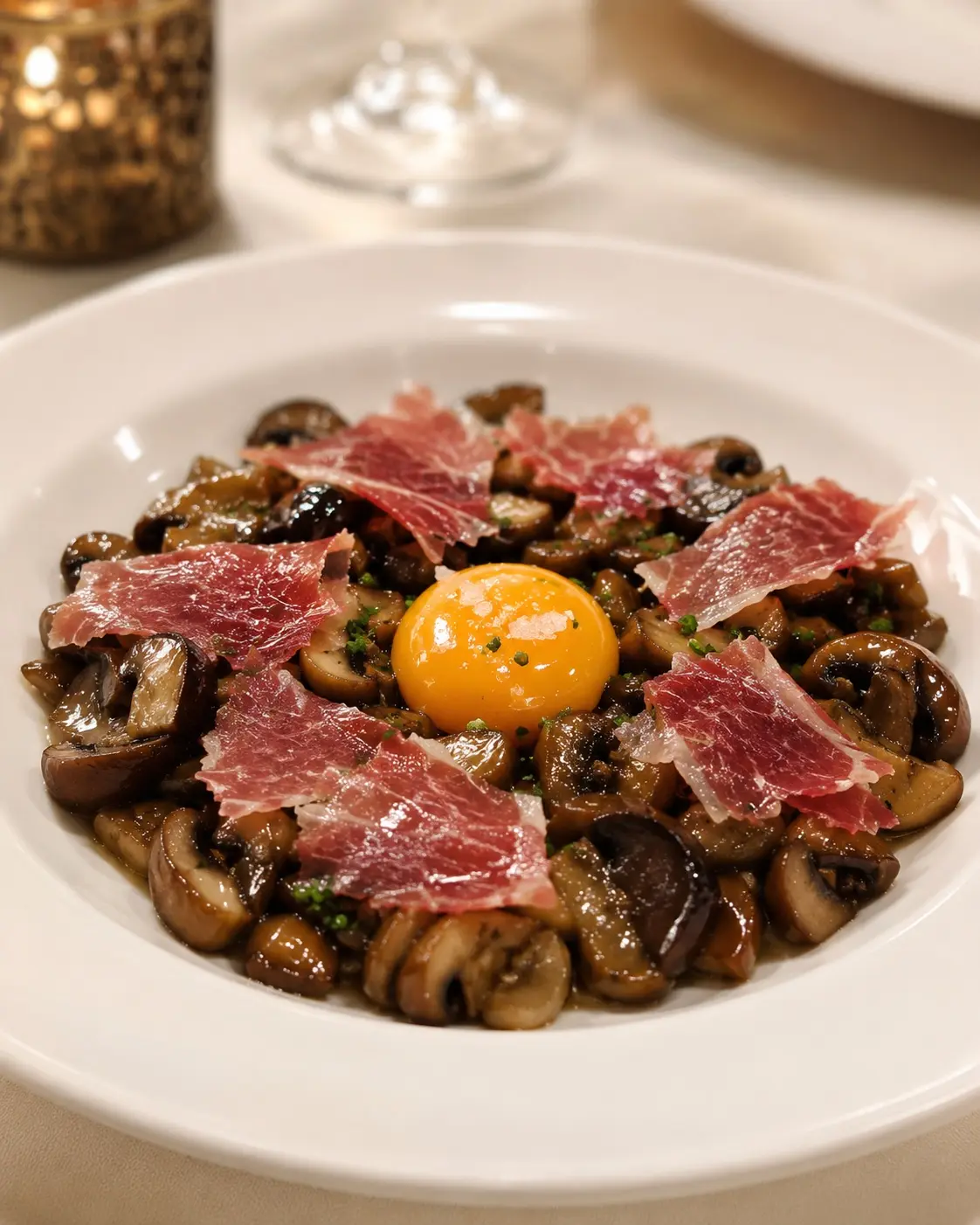 Setas con jamón ibérico y yema de huevo